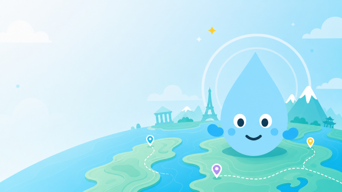 Pud, the water-drop geography coach, holding a map and ruler